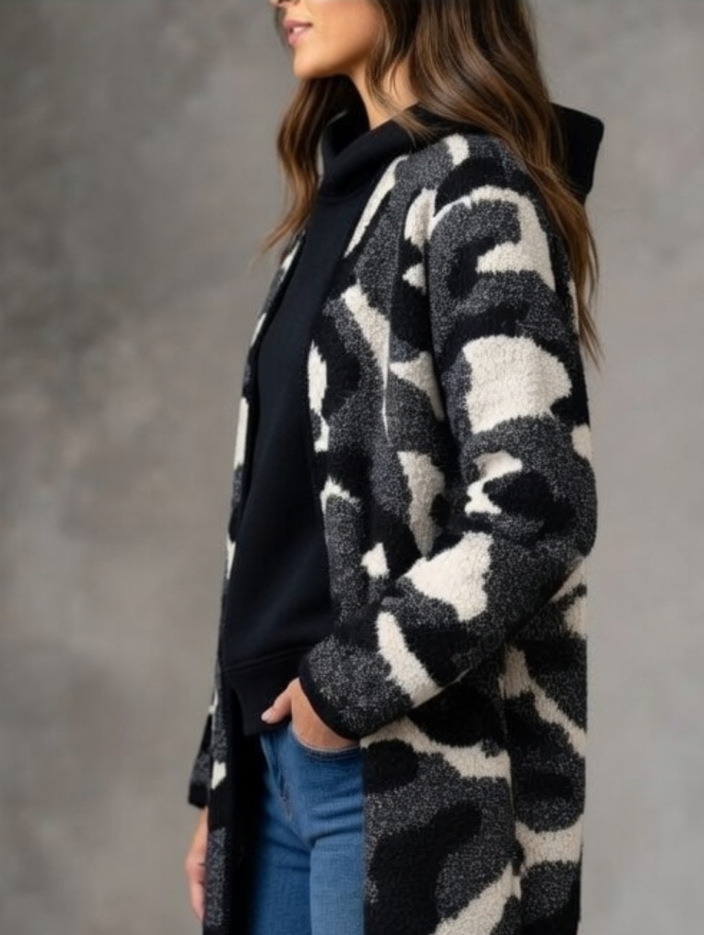 Nine West Black and Cream Camouflage Cardigan